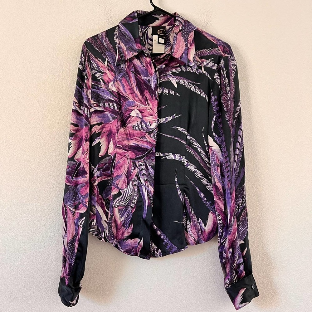 Just Cavalli Purple Feather Button Down Collared Silk Blouse Top Size Small 46